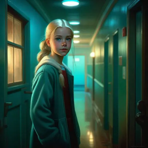 Prompt: A 13 years old Russian-American girl, pale skin, freckles, blonde hair, pigtails, blue eyes, cold weather, night, hospital corridor, turquoise-ish atmosphere, creepy, spooky, dark figure in the background, full body, third-person, gameplay, full body portrait, photorealistic, extremely detailed painting by Greg Rutkowski by Steve Henderson