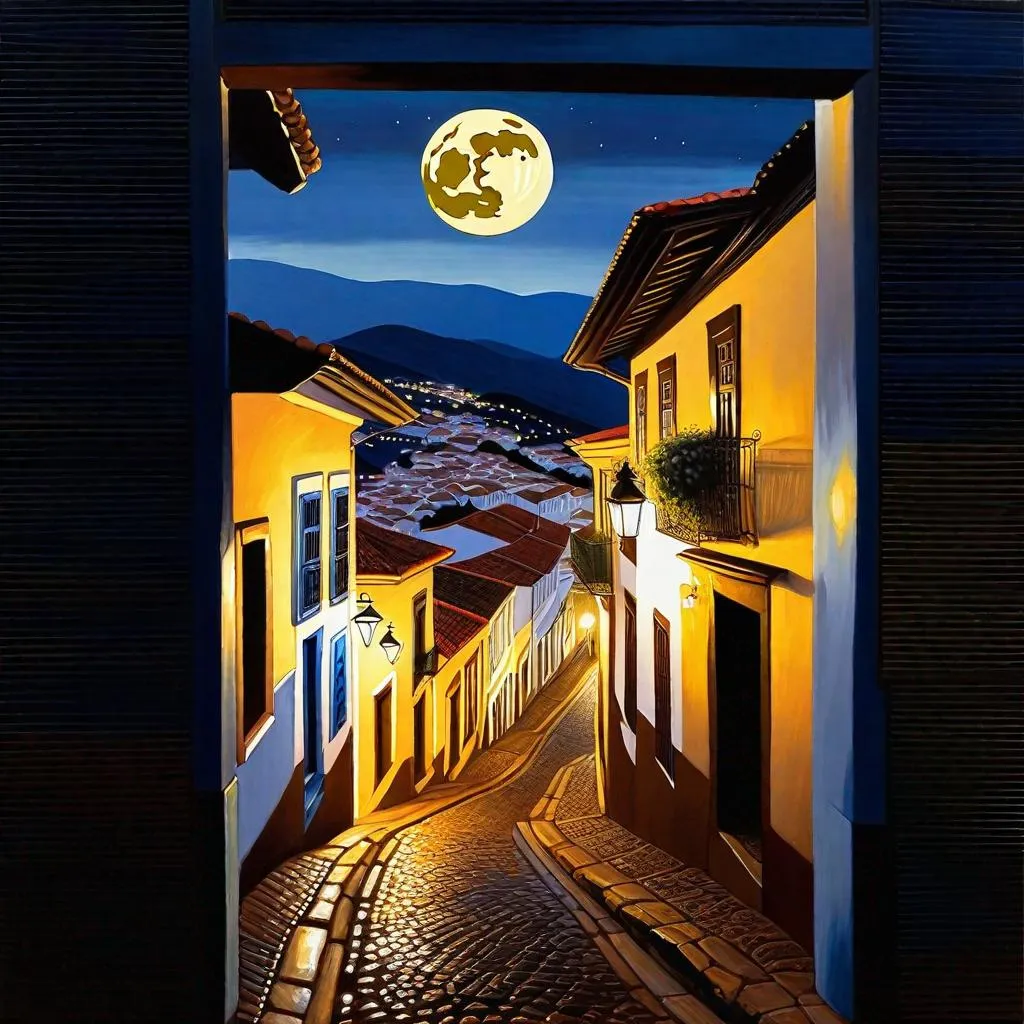 Prompt: Ouro Preto at night, Ouro Preto streets, dark blue sky, moon, realistic, extremely detailed painting by Greg Rutkowski by Steve Henderson 