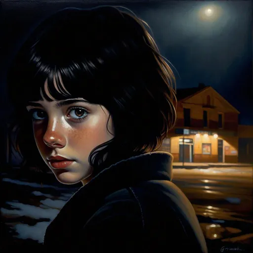 Prompt: A 13 years old Castizo Uruguayan girl, pale skin, freckles, black hair, short wavy hair, bangs, brown eyes, cold weather, night, abandoned theatre, dirty, creepy, spooky, mysterious figure in the background, dark brown atmosphere, full body, third-person, full body portrait, photorealistic, extremely detailed painting by Greg Rutkowski by Steve Henderson