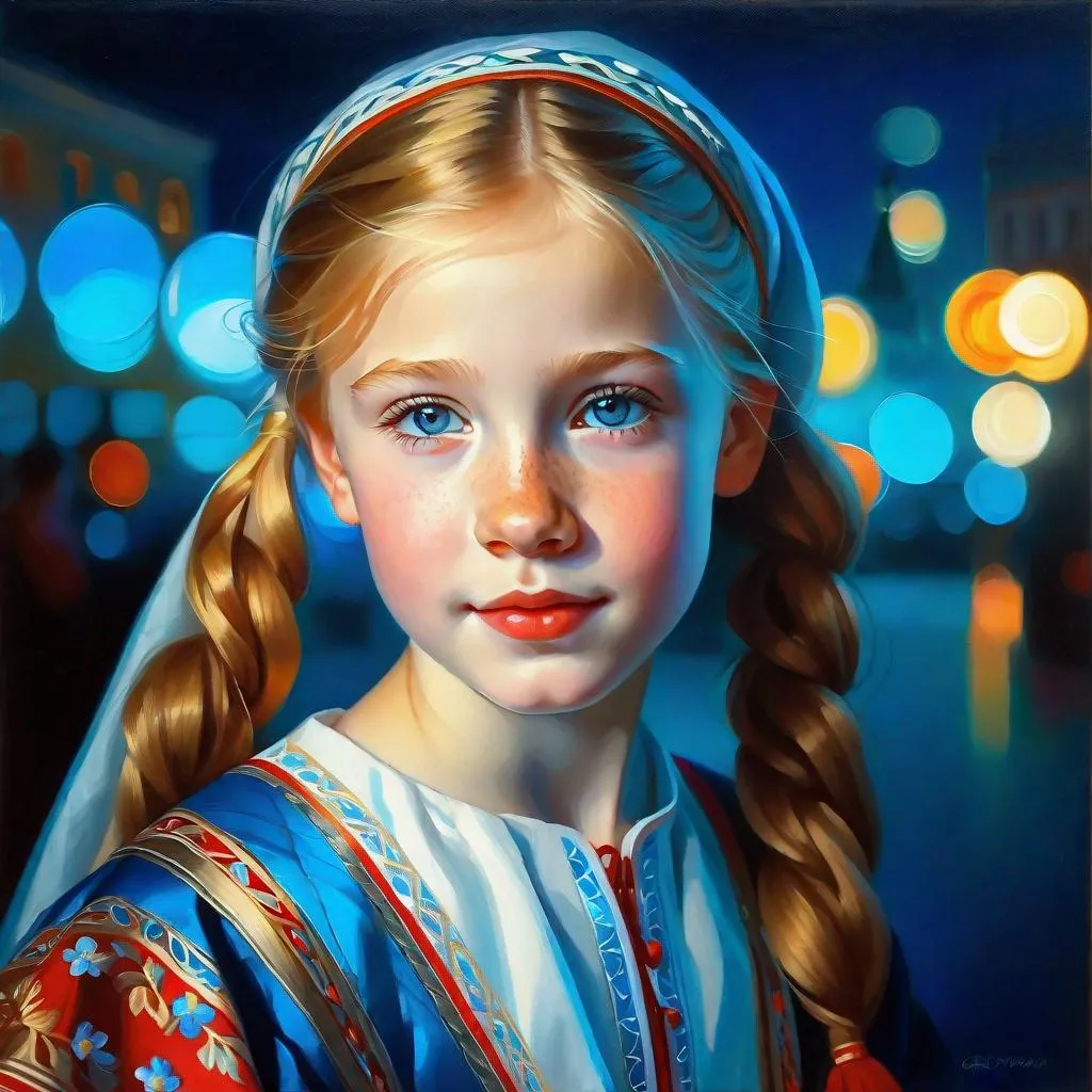 Prompt: A 13 years old Russian girl, pale skin, freckles, blond hair, pigtails, blue eyes, traditional Russian dress, Moscow at night, photorealistic, extremely detailed painting by Greg Rutkowski by Steve Henderson