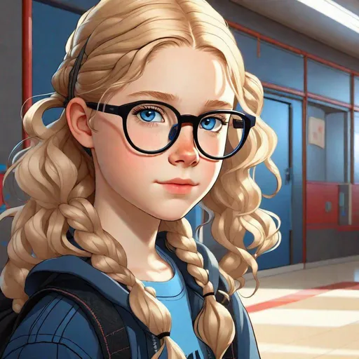 Prompt: 13 years old Russian-American girl, pale skin, freckles, wavy blonde hair, pigtails, icy blue eyes, glasses, black shirt and blue jean shorts, school corridors, gameplay, Persona 5 style, cel shaded style, intricate, detailed face, by Greg Rutkowski.