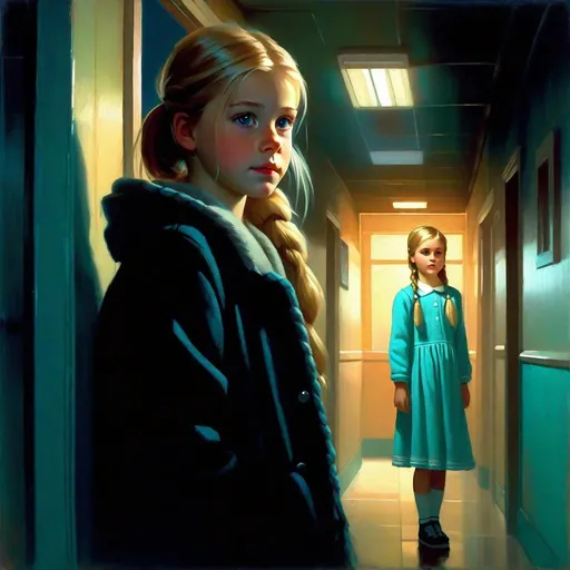 Prompt: A 13 years old Russian-American girl, pale skin, freckles, blonde hair, pigtails, blue eyes, cold weather, night, hospital corridor, turquoise-ish atmosphere, creepy, spooky, dark figure in the background, full body, third-person, gameplay, full body portrait, photorealistic, extremely detailed painting by Greg Rutkowski by Steve Henderson