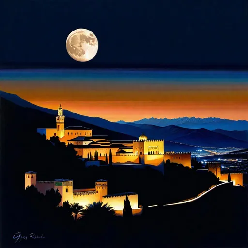 Prompt: Alhambra at night, Granada streets, mountains in the background, dark blue sky, moon, realistic, extremely detailed painting by Greg Rutkowski by Steve Henderson 