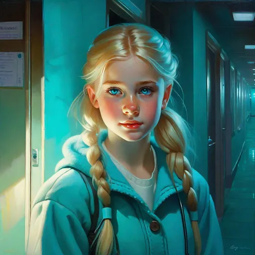 Prompt: A 13 years old Russian-American girl, pale skin, freckles, blonde hair, pigtails, blue eyes, cold weather, night, hospital corridor, turquoise-ish atmosphere, full body, third-person, gameplay, photorealistic, extremely detailed painting by Greg Rutkowski by Steve Henderson