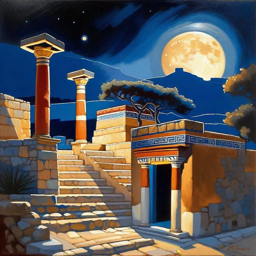 Prompt: Knossos at night, Knossos Palace, streets, bronze age, minotaur, dark blue sky, moon, realistic, extremely detailed painting by Greg Rutkowski by Steve Henderson 