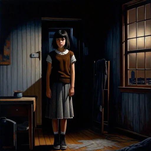 Prompt: A 13 years old Castizo Uruguayan girl, pale skin, freckles, black hair, short hair, bangs, brown eyes, cold weather, night, abandoned apartment, interior, creepy, spooky, dark figure in the background, dark brown atmosphere, full body, third-person, full body portrait, photorealistic, extremely detailed painting by Greg Rutkowski by Steve Henderson