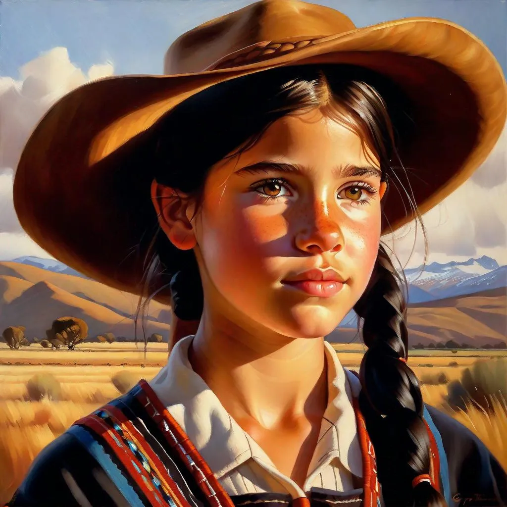 Prompt: A 13 years old Argentinian Castizo girl, pale skin, freckles, black hair, pigtails, brown eyes, traditional Gaucho dress, Patagonia, photorealistic, extremely detailed painting by Greg Rutkowski by Steve Henderson