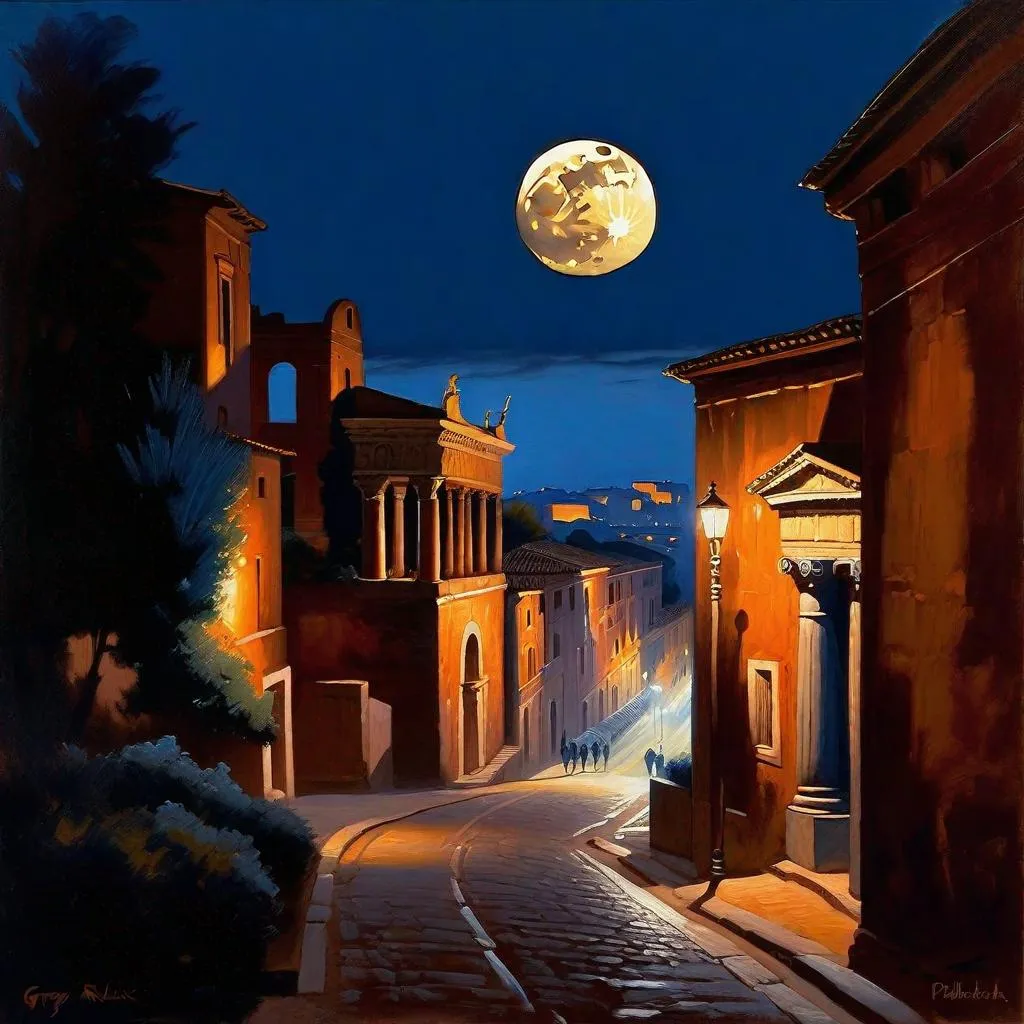 Prompt: Ancient Rome at night, Rome streets, Palatine Hill, dark blue sky, moon, realistic, extremely detailed painting by Greg Rutkowski by Steve Henderson 