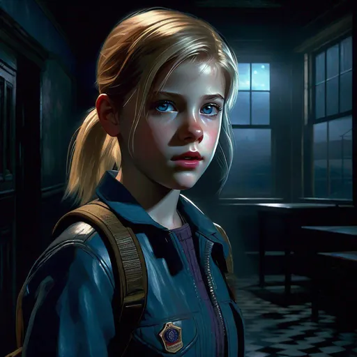 Prompt: Resident Evil 2 Remake, 12 years old girl, pale skin, freckles, blonde hair, pigtails, icy blue eyes, abandoned orphanage, night, full body portrait, dark atmosphere, Mr. X in the background, photorealisitc style, extremely detailed painting by Greg Rutkowski by Steve Henderson