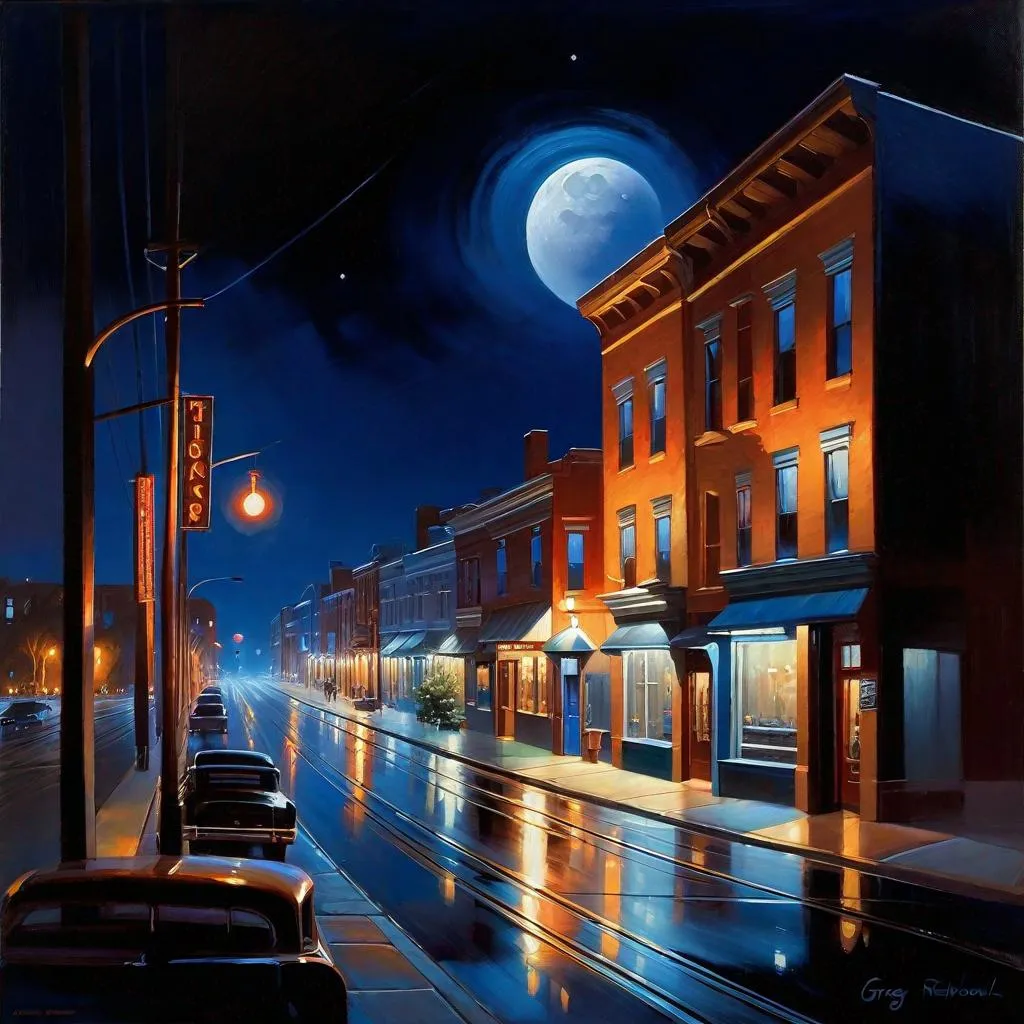 Prompt: Steelport at night, streets, dark blue sky, moon, realistic, extremely detailed painting by Greg Rutkowski by Steve Henderson 