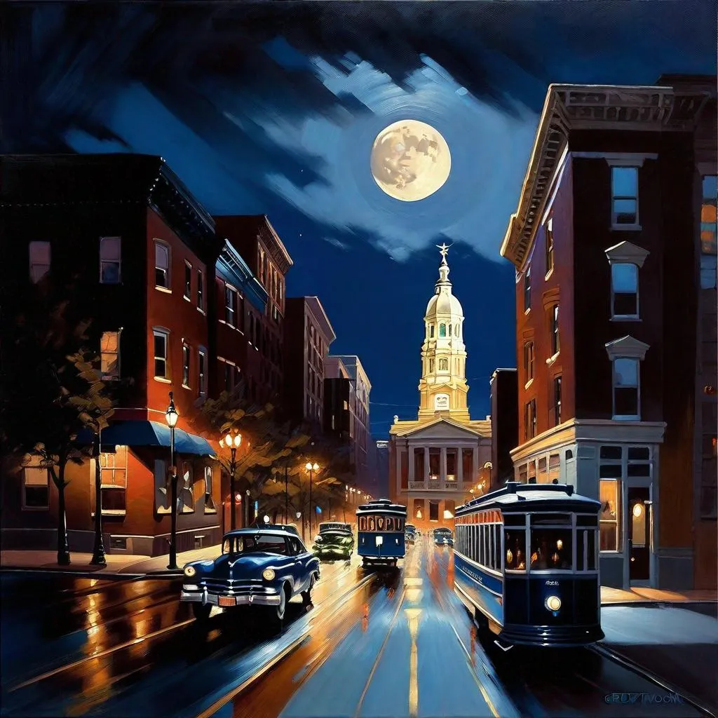 Prompt: Philadelphia at night, streets, dark blue sky, moon, realistic, extremely detailed painting by Greg Rutkowski by Steve Henderson 