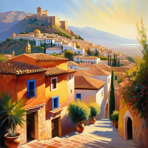 Prompt: Granada, streets, mountains in the background, fortress on a hill, sunny, hot weather, hyperrealistic, extremely detailed painting by Greg Rutkowski by Steve Henderson 