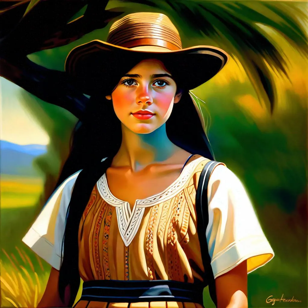 Prompt: A 13 years old Argentinian Castizo girl, pale skin, freckles, black hair, pigtails, brown eyes, traditional Gaucho dress, Patagonia, photorealistic, extremely detailed painting by Greg Rutkowski by Steve Henderson