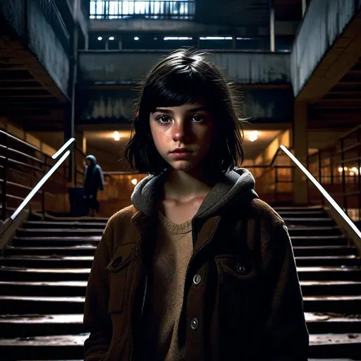 Prompt: A 13 years old Castizo Uruguayan girl, pale skin, freckles, black hair, messy short hair, bangs, brown eyes, cold weather, night, abandoned mall, interior, stairs, rusty, dirty, creepy, spooky, dark giant figure in the background, dark brown atmosphere, full body, third-person, full body portrait, photorealistic, extremely detailed painting by Greg Rutkowski by Steve Henderson