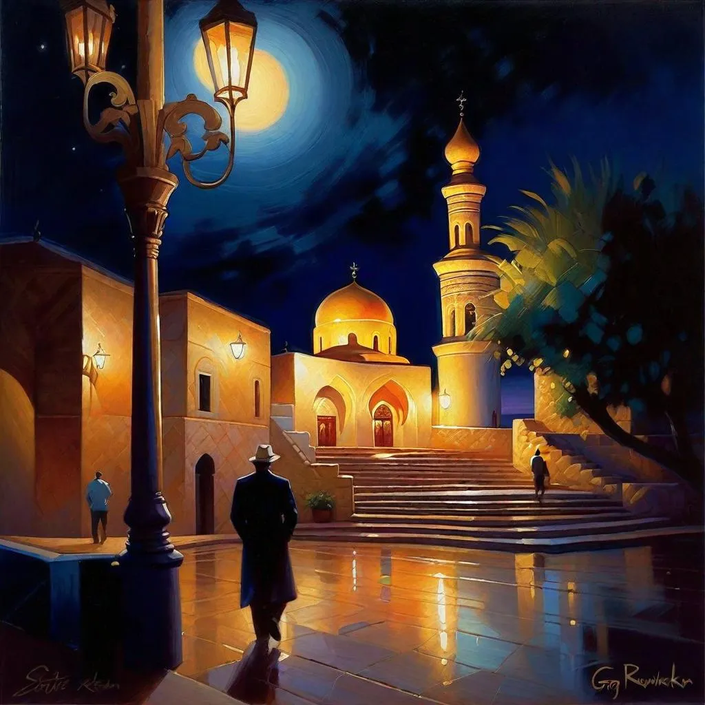 Prompt: Derbent at night, photorealistic, extremely detailed painting by Greg Rutkowski by Steve Henderson