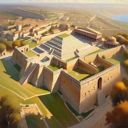 Prompt: Aerial view of Troy citadel, large cyclopean walls, merchants, guards, Trojan palace complex on hill, large temples, Late Bronze Age, historical reconstruction, sunny weather, hyperrealistic, extremely detailed painting by Greg Rutkowski by Steve Henderson