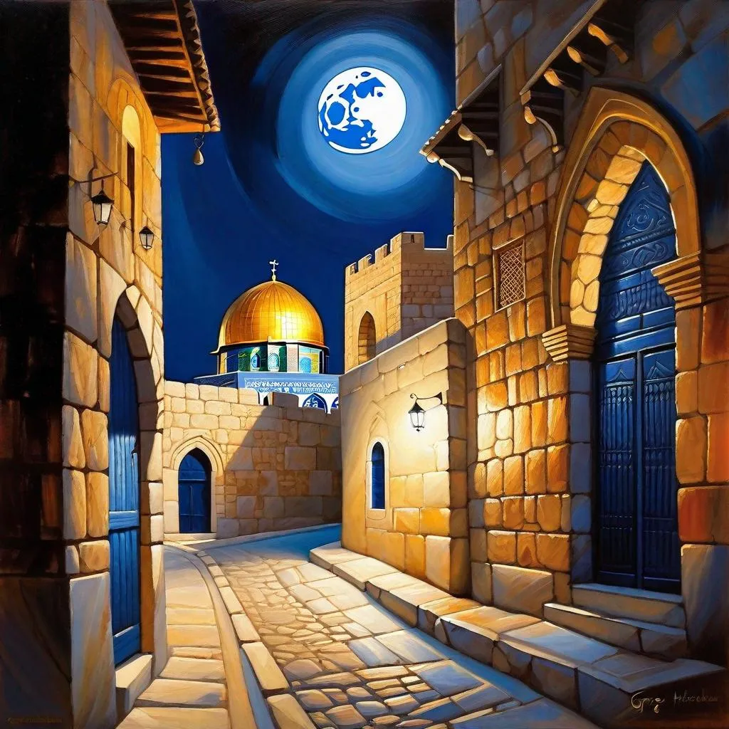 Prompt: Jerusalem at night, fortress, Old Jerusalem streets, dark blue sky, moon, realistic, extremely detailed painting by Greg Rutkowski by Steve Henderson 