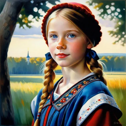 Prompt: A 13 years old Estonian girl, pale skin, freckles, blonde hair, pigtails, blue eyes, traditional Estonian dress, Tallinn, photorealistic, extremely detailed painting by Greg Rutkowski by Steve Henderson