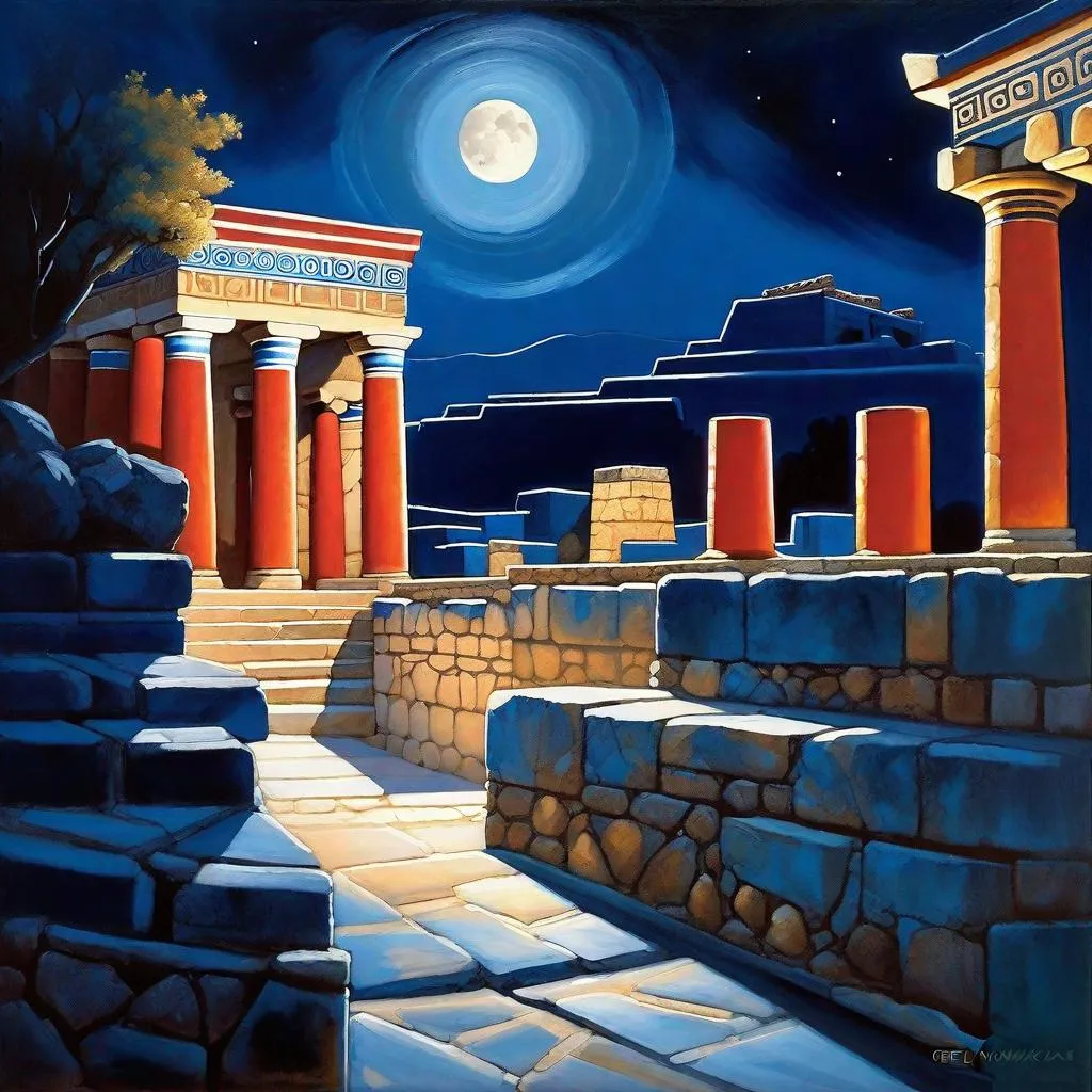 Prompt: Knossos at night, Knossos Palace, streets, bronze age, minotaur, dark blue sky, moon, realistic, extremely detailed painting by Greg Rutkowski by Steve Henderson 