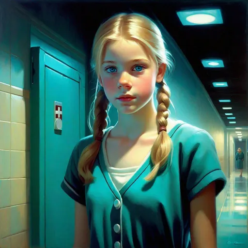 Prompt: A 13 years old Russian-American girl, pale skin, freckles, blonde hair, pigtails, blue eyes, cold weather, night, hospital corridor, turquoise-ish atmosphere, creepy, spooky, dark figure in the background, full body, third-person, gameplay, full body portrait, photorealistic, extremely detailed painting by Greg Rutkowski by Steve Henderson