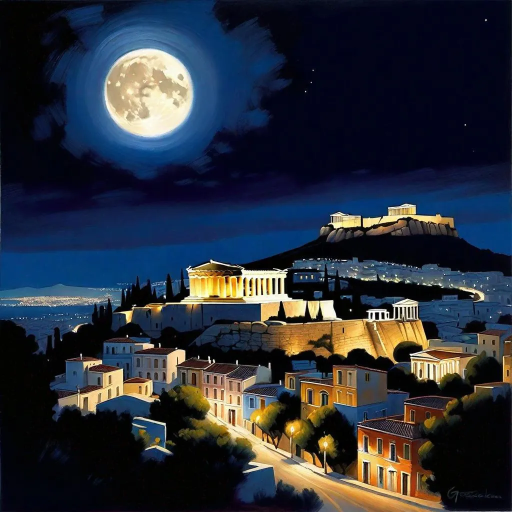 Prompt: Athens at night, Acropolis, Old Athens streets, dark blue sky, moon, realistic, extremely detailed painting by Greg Rutkowski by Steve Henderson 