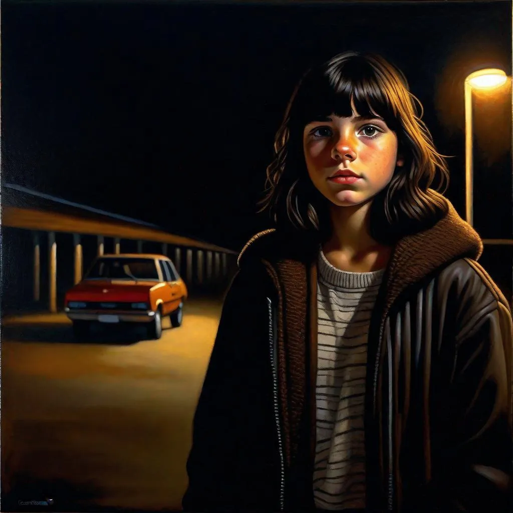 Prompt: A 13 years old Castizo Uruguayan girl, pale skin, freckles, black hair, short wavy hair, bangs, brown eyes, cold weather, night, underground parking lot, creepy, spooky, mysterious figure in the background, dark brown atmosphere, full body, third-person, full body portrait, photorealistic, extremely detailed painting by Greg Rutkowski by Steve Henderson