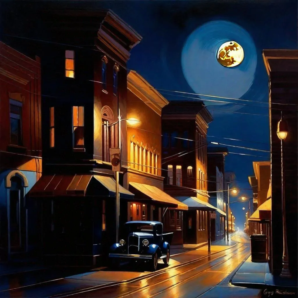 Prompt: Steelport at night, streets, dark blue sky, moon, realistic, extremely detailed painting by Greg Rutkowski by Steve Henderson 