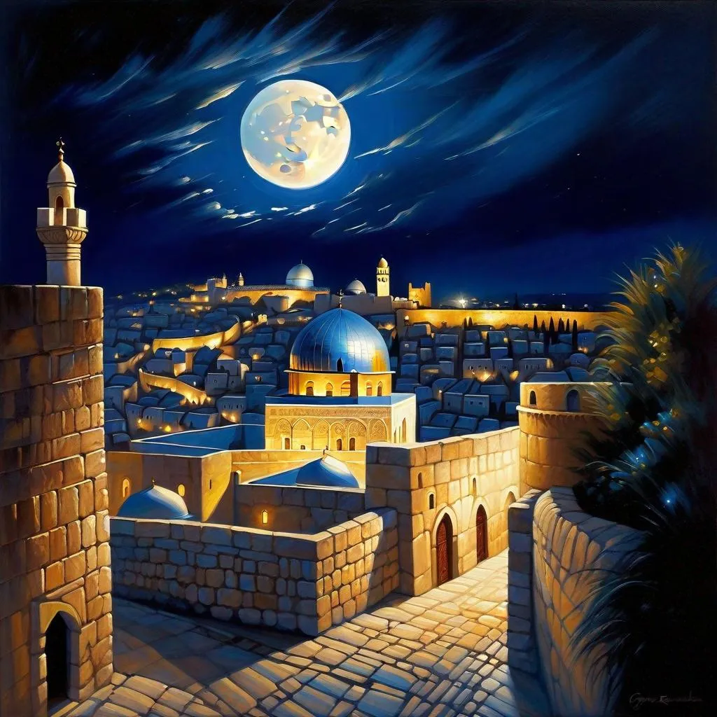 Prompt: Jerusalem at night, fortress, Old Jerusalem streets, dark blue sky, moon, realistic, extremely detailed painting by Greg Rutkowski by Steve Henderson 