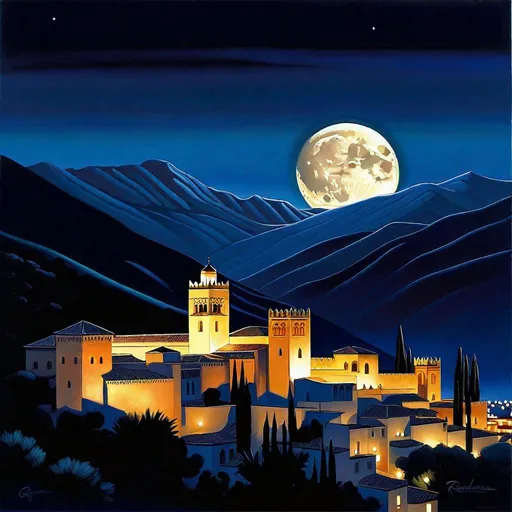 Prompt: Alhambra at night, Alhambra streets, mountains in the background, dark blue sky, moon, realistic, extremely detailed painting by Greg Rutkowski by Steve Henderson 