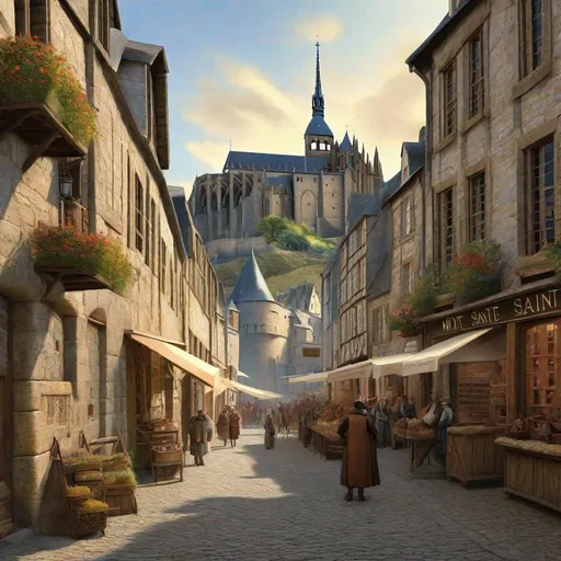 Prompt: Mont Saint-Michel, streets, merchants, guards, castle and abbey complex on hill, Late Middle Ages, historical reconstruction, sunny weather, hyperrealistic, extremely detailed painting.