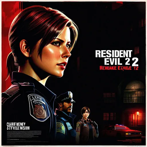 Prompt: A Resident Evil 2 Remake movie poster featuring Claire Redfield, Leon S. Kennedy, Ada Wong and Sherry Birkin, Raccoon City police station, sewers, underground laboratory, night, montage, movie poster, stylized, extremely detailed painting by Greg Rutkowski by Steve Henderson