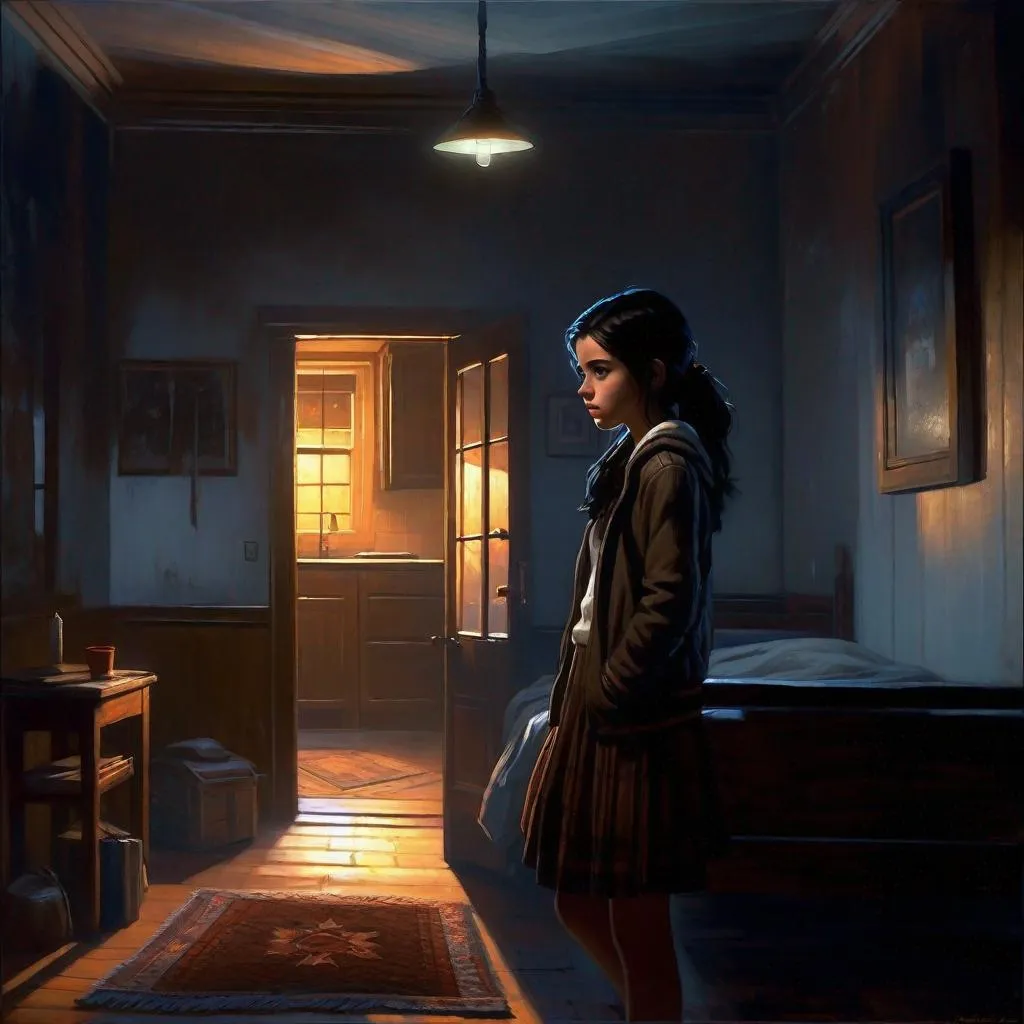 Prompt: A 13 years old Castizo Uruguayan girl, pale skin, freckles, black hair, brown eyes, cold weather, night, abandoned apartment, interior, creepy, spooky, dark figure in the background, dark brown atmosphere, full body, third-person, gameplay, full body portrait, photorealistic, extremely detailed painting by Greg Rutkowski by Steve Henderson