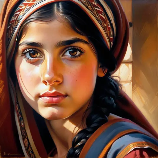 Prompt: A 13 years old Lebanese Arab girl, pale skin, freckles, black hair, pigtails, brown eyes, traditional Maronite dress, Tyre, photorealistic, extremely detailed painting by Greg Rutkowski by Steve Henderson