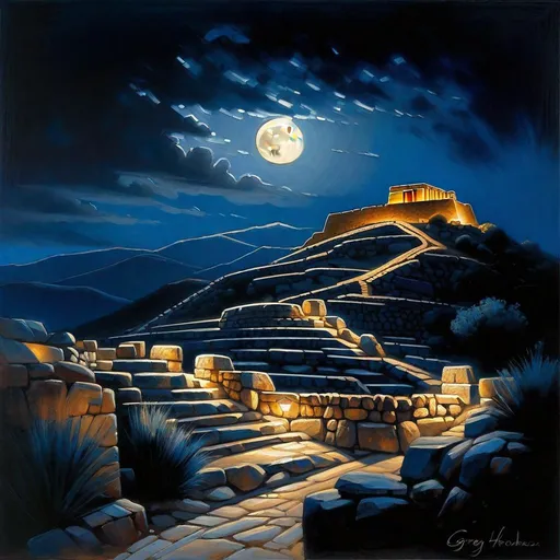 Prompt: Mycenae at night, Mycenae citadel, streets, bronze age, dark blue sky, moon, realistic, extremely detailed painting by Greg Rutkowski by Steve Henderson 