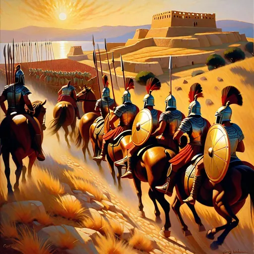 Prompt: Mycenaean Greek soldiers besieging Troy, Trojan horse, circa 1200 b.c.,  Late Bronze Age, boar tusk helmets, bronze swords, flames, arrows, fortress on a hill, sunny weather, hyperrealistic, extremely detailed painting by Greg Rutkowski by Steve Henderson