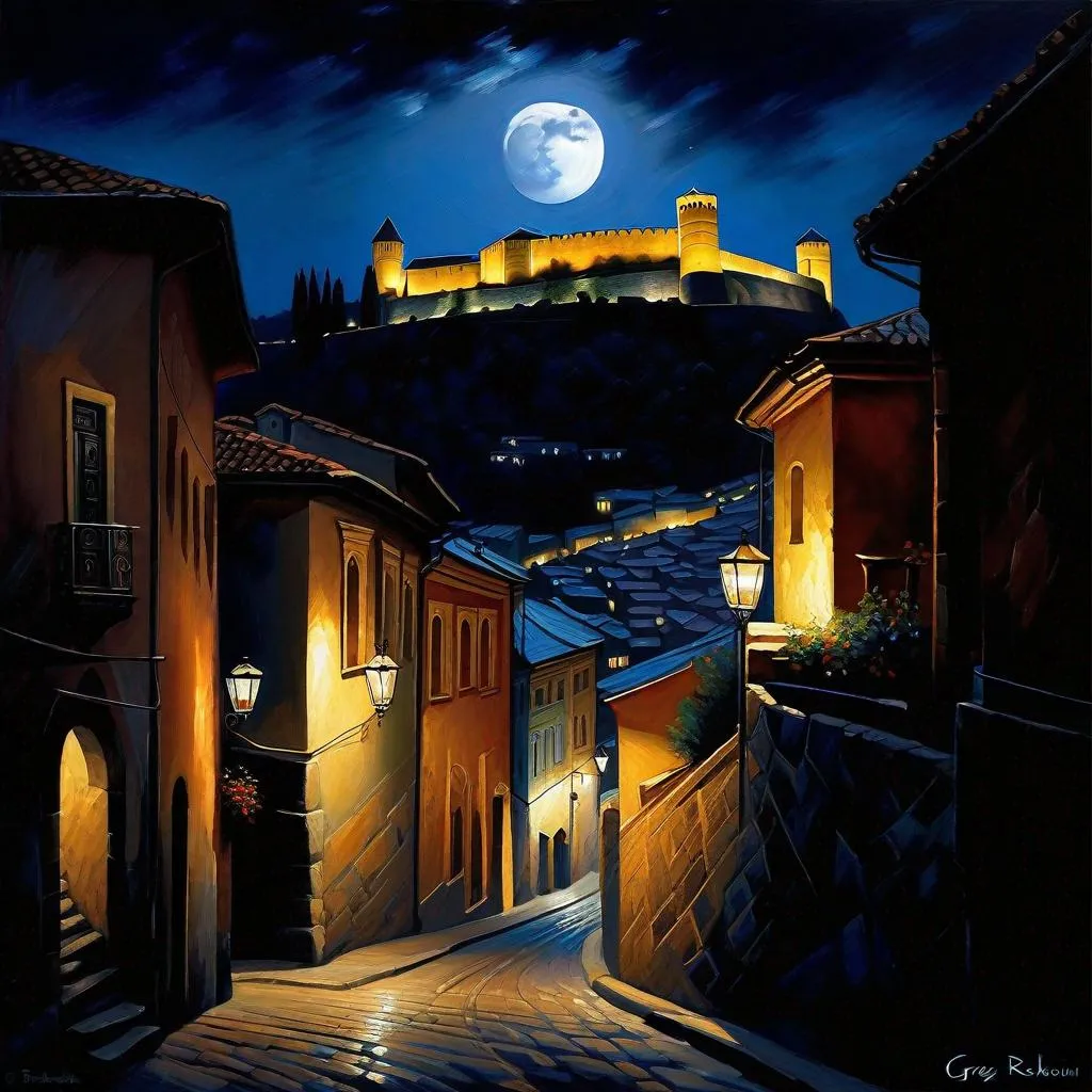 Prompt: Tbilisi at night, Narikala fortress, Old Tbilisi streets, dark blue sky, moon, realistic, extremely detailed painting by Greg Rutkowski by Steve Henderson 