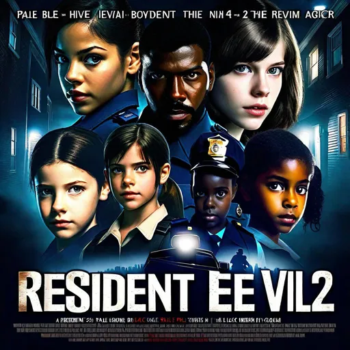 Prompt: A Resident Evil 2 Remake-inspired horror movie poster featuring a 23 years old Cordoban Hispanic girl, pale skin, black hair, brown eyes, bangs, a 41 years old African-American policeman, dark skin, beard, brown eyes, and a 13 years old Russian-American girl, pale skin, freckles, blonde hair, pigtails, blue eyes, night, montage, movie poster, stylized, extremely detailed painting by Greg Rutkowski by Steve Henderson