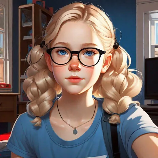 Prompt: 13 years old Russian-American girl, pale skin, freckles, wavy blonde hair, pigtails, icy blue eyes, gamer, glasses, warm weather, black shirt and blue jean shorts, apartment, gameplay, Persona 5 style, cel shaded style, intricate, detailed face, by Greg Rutkowski.