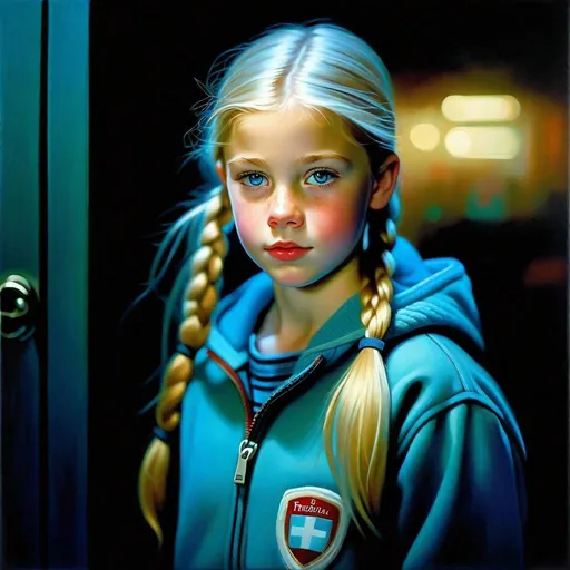 Prompt: A 13 years old Russian-American girl, pale skin, freckles, blonde hair, pigtails, icy blue eyes, cold weather, night, hospital corridor, full body portrait, photorealisitc style, extremely detailed painting by Greg Rutkowski by Steve Henderson
