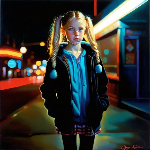 Prompt: A 13 years old Russian-American girl, pale skin, freckles, blonde hair, pigtails, blue eyes, cold weather, night, neon lights, ghetto, Brooklyn, full body portrait, photorealistic, extremely detailed painting by Greg Rutkowski by Steve Henderson