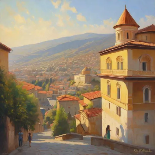 Prompt: Tbilisi, streets, mountains in the background, fortress on a hill, sunny, hot weather, hyperrealistic, extremely detailed painting by Greg Rutkowski by Steve Henderson 