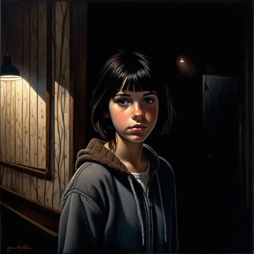 Prompt: A 13 years old Castizo Uruguayan girl, pale skin, freckles, black hair, short hair, bangs, brown eyes, cold weather, night, abandoned apartment, interior, creepy, spooky, dark figure in the background, dark brown atmosphere, full body, third-person, full body portrait, photorealistic, extremely detailed painting by Greg Rutkowski by Steve Henderson