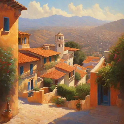 Prompt: Hispanic colonial large city, streets, skyscrapers, mountains in the background, fortress on a hill, sunny, hot weather, hyperrealistic, extremely detailed painting by Greg Rutkowski by Steve Henderson 
