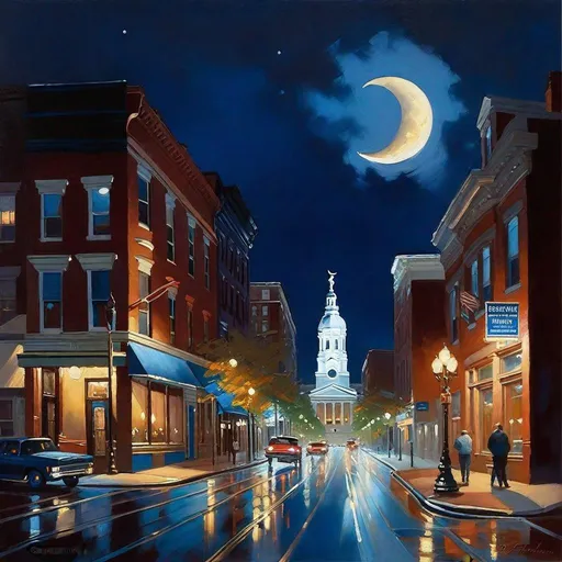 Prompt: Philadelphia at night, streets, dark blue sky, moon, realistic, extremely detailed painting by Greg Rutkowski by Steve Henderson 