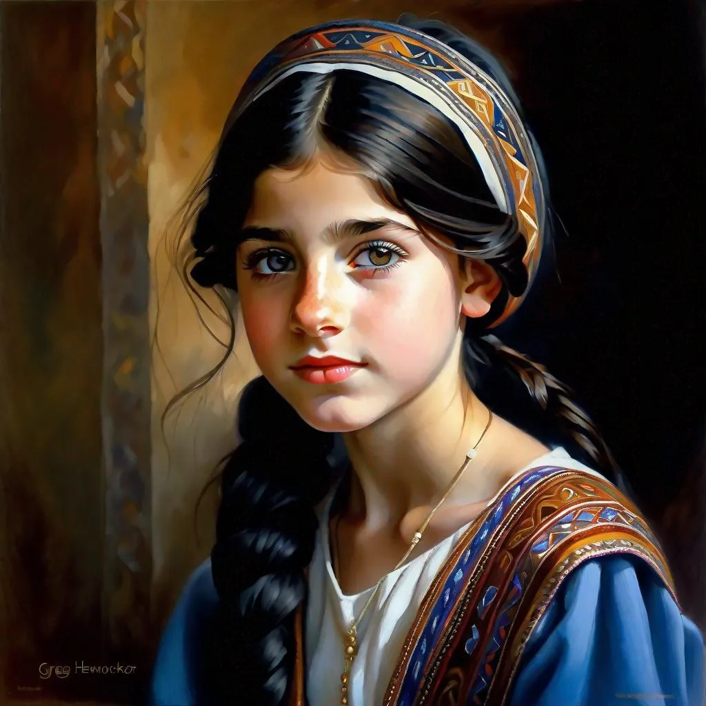 Prompt: A 13 years old Armenian girl, pale skin, freckles, black hair, pigtails, brown eyes, traditional Armenian dress, Yerevan, photorealistic, extremely detailed painting by Greg Rutkowski by Steve Henderson