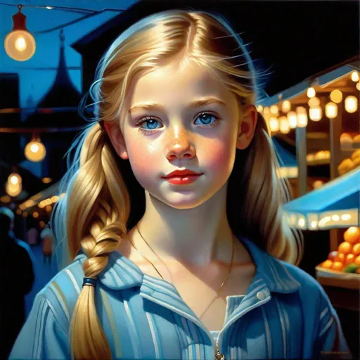 Prompt: A 13 years old Russian-American girl, pale skin, freckles, blonde hair, pigtails, icy blue eyes, night, market aisle, full body portrait, photorealisitc style, extremely detailed painting by Greg Rutkowski by Steve Henderson