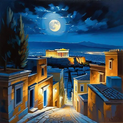 Prompt: Athens at night, Acropolis, Old Athens streets, dark blue sky, moon, realistic, extremely detailed painting by Greg Rutkowski by Steve Henderson 