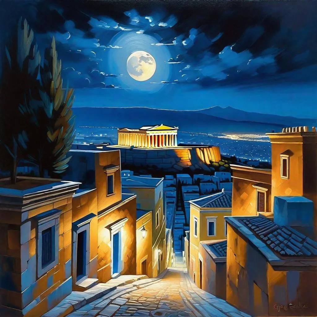 Prompt: Athens at night, Acropolis, Old Athens streets, dark blue sky, moon, realistic, extremely detailed painting by Greg Rutkowski by Steve Henderson 