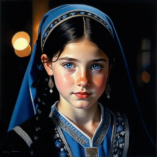 Prompt: A 13 years old Georgian girl, pale skin, freckles, black hair, pigtails, blue eyes, traditional Kartvelian dress, Tbilisi at night, photorealistic, extremely detailed painting by Greg Rutkowski by Steve Henderson