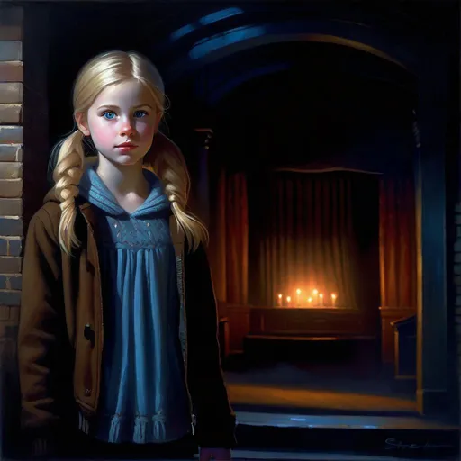 Prompt: A 13 years old Russian-American girl, pale skin, freckles, blonde hair, pigtails, blue eyes, cold weather, night, abandoned theatre, creepy, spooky, dark figure in the background, dark brown atmosphere, full body, third-person, gameplay, photorealistic, extremely detailed painting by Greg Rutkowski by Steve Henderson